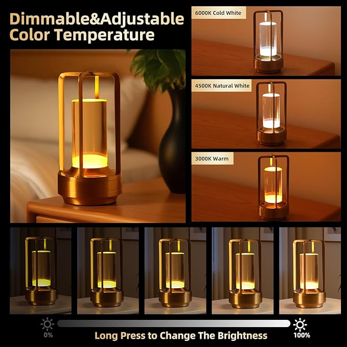 Portable Touch Control Table Lamp with 5000mAh Battery, 3-Color Stepless Dimming Cordless LED Light for Bedroom/Camping/Restaurant/Bar Indoor & Outdoor (1-Pack Gold)