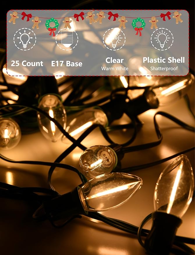 C9 LED Christmas Lights Outdoor, Christmas Outdoor Lights with 27 LED Warm White Bulbs(2 Spare) for Xmas Holidays Roofline Patio Garden Party Wedding Decor
