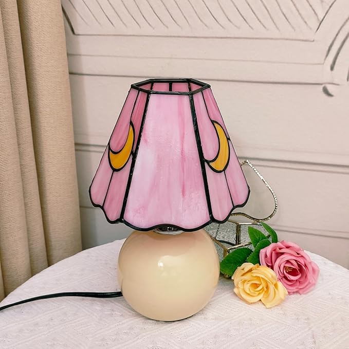 Mushroom Lamp Tiffany Lamp Stained Glass Table Lamp Moon Cute Small Bedside Lamps for Living Room Home Decor,Unique Aesthetic Home Living Room Decor Girls Women Birthday Day Gift,Pink