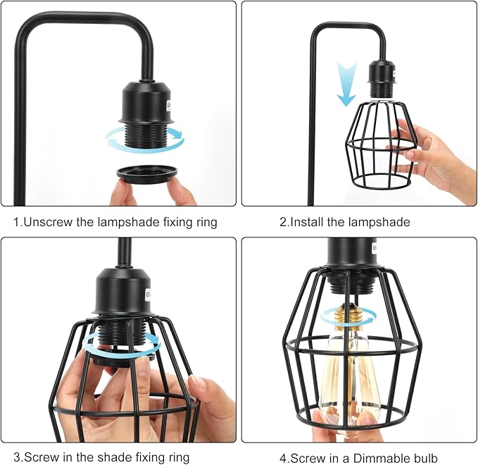 Industrial Dimmable Table Lamps Set of 2, Modern Black Bedside Lamp with USB A+C Outlet Charging Ports, Farmhouse Lamp with Metal Cage Shade for Bedroom, Office, Living Room, Bulb Included