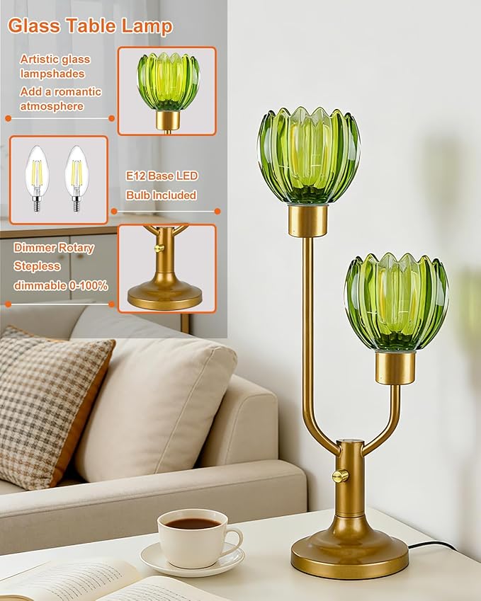 Lightdot Mid Century Modern Glass Table Lamp Gold Dimmable U-Shaped Desk Lamps with Green Glass Shade& 2Pcs 3000K Warmwhite Bulbs Included Bedside Nightstand Lamp for Living Room Bedroom