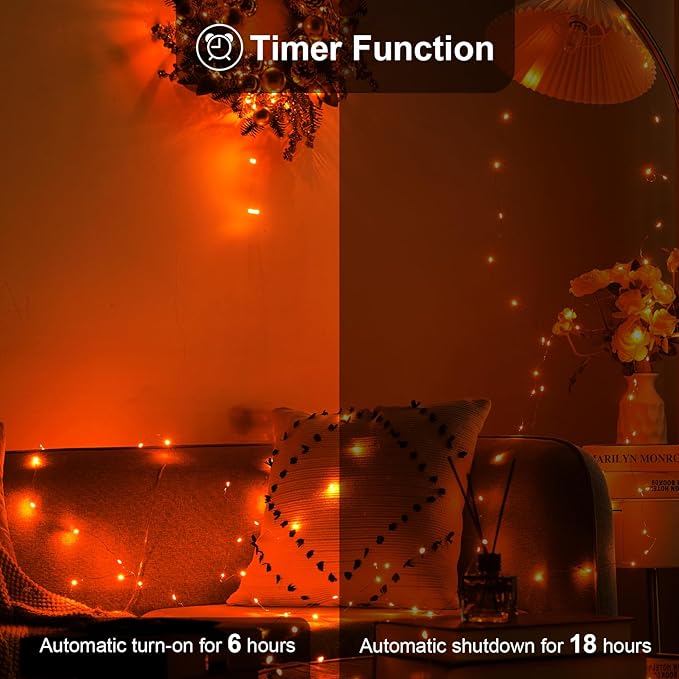 1 Pack 16.4ft Battery Operated String Lights with Timer, Orange with Synchronized Twinkle Mode, Fairy Lights Battery Powered, 50 LEDs, Idea for Christmas Bedroom Party Wedding