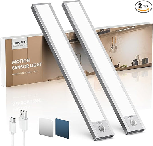 Under Cabinet Lighting Wireless, 2 Pack 8.3 inch 1500mAh 6500K Dimmable Motion Sensor Light Indoor, Rechargeable LED Under Counter Lights for Kitchen, Shelf, Stairs, Closet