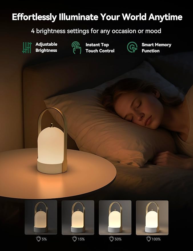Tubicen Portable Lamp, Battery Operated Cordless Outdoor Table Lamps Rechargeable, 4-Level Touch Dimmable IP44 Shower Lamp, Night Light for Patio Camping Dining Room Bedroom (Brass White, Waterproof)