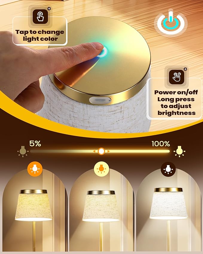 2 Pack Gold Cordless Table Lamps Rechargeable,Battery Operated Table Touch Portable LED Battery Powered Table lights 5000mAh Three-Color Stepless Rust-Resistant Dimming for Reading Bedroom Desk Dining