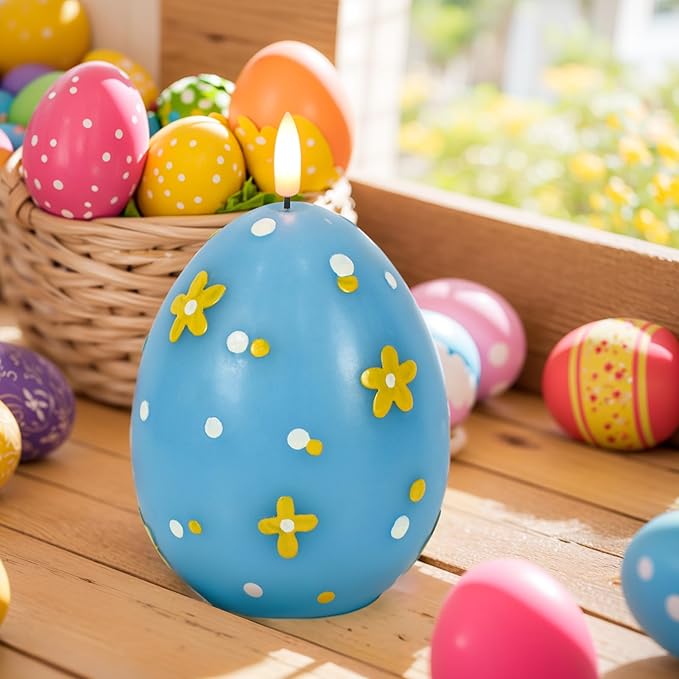 Eldnacele Easter Flameless Candles with 6H Timer, Battery Operated Egg Shaped 3D Wick Flickering Candle Real Wax Blue LED Candles for Easter Party Spring Dinner Decor(2.4"×6.3")