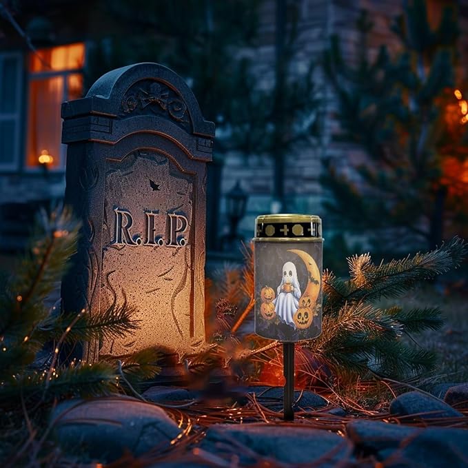 Halloween Prayer Cemetery Solar Lights for Grave Cemetery Cute Ghost Moon Candle Lamp Solar Powered Landscape Lights Halloween Decorations