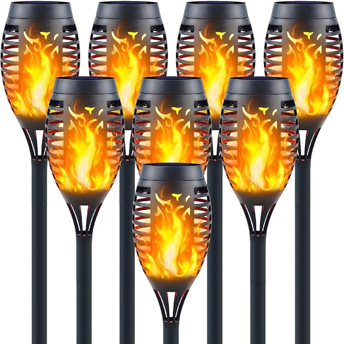 Mini Solar Tiki Torches with Flickering Flame - 12LED Torch Lights Outdoor Waterproof, Perfect for Festival Decorations, Yard, Garden, Patio & Pathway Landscape Lighting (8 Pack)