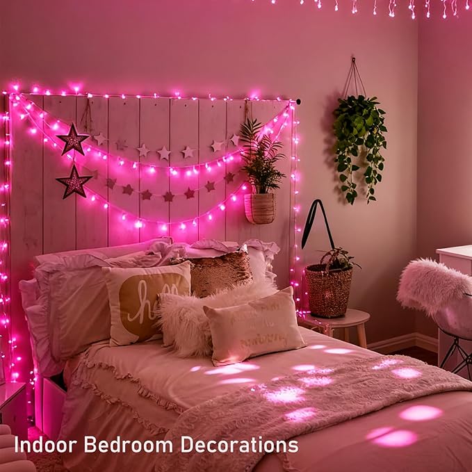 Pink String Lights for Valentines Day Decor, Plug in & Connectable 100 LED 33 Ft Clear Wire Fairy Christmas Lights for Bedroom Indoor Outdoor Girl's Room Valentines Aesthetic Romantic Decorations