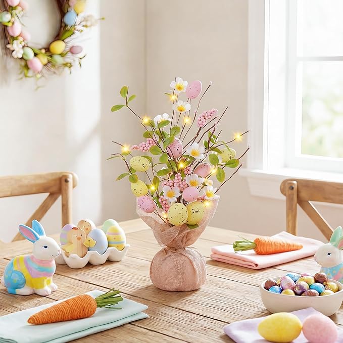 18inch Easter Decorations with Eggs & LED Lights Battery Operated Perfect Egg Tree for Indoor Easter Table Decorations & Holiday Decor