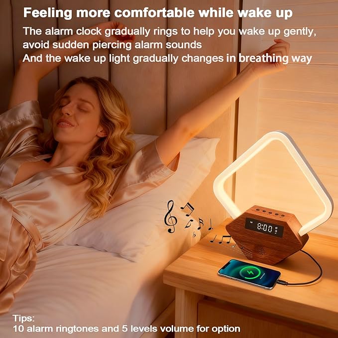 Sunrise Alarm Clock for Bedrooms Heavy Sleepers 15 Sleep Sounds White Noise Machine Baby/Adults 3 Color Table Lamp 10 Ringtones with PD22.5W USB C Fast Charger Birthday Gifts for Women