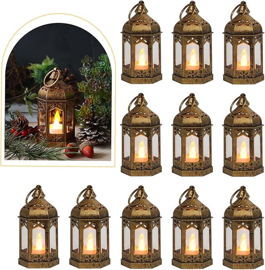 LLQ 12Pcs Mini Lantern with LED Tea Light, Garden Fairy Party Decorations, Battery Included, Vintage Lanterns Decorative, Hanging Candle Lanterns for Halloween Christmas Wedding Table Centerpiece