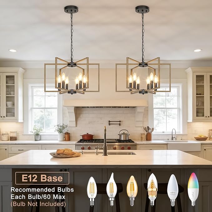 6 Light Farmhouse Chandelier, Dining Room Light Fixture with Wood Grain Painted, Metal Geometric Ceiling Light Rustic Hanging Pendant Lights with E12 Base for Kitchen Island Entryway Foyer, Indoor