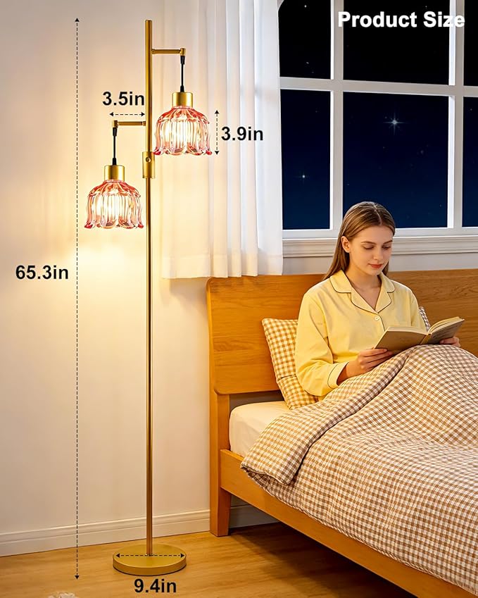 2-Light Gold Floor Lamp for Living Room, 65IN Tall Standing Lamps Dimmable with Rose Red Glass Lampshade, 3000K Warmwhite Mid Century Modern Floor Lamp for Bedroom/Office/Corner/Sofa Beside