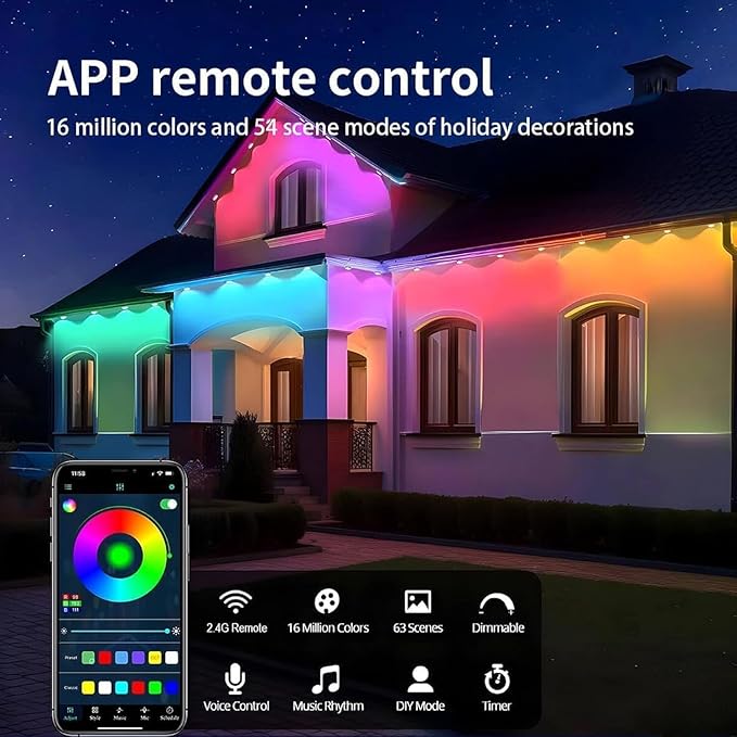 Permanent Outdoor Lights Pro, 200ft RGB-IC LED Eaves Lights, IP67 Waterproof with Smart App&Remote Control,for Christmas,Party, Daily, Halloween and All Holiday Decor