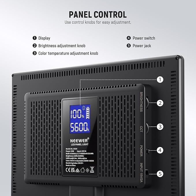 NEEWER 192 LED Video Light Panel, 20W Ultra Thin Bi Color Dimmable DSLR Camera Soft Light, 8000mAh Built in Lithium Battery, 3200-5600K CRI97+, Key Lighting for Studio Photography Recording Streaming