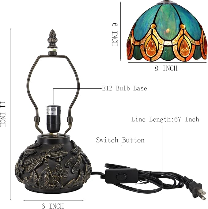 Small Tiffany Mushroom Table Lamp,Mini Memory Sympathy Antique lamp 8X11 Inch (Peacock Crystal)