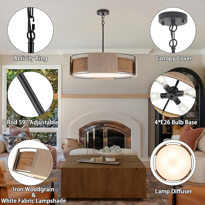 4-Light Rattan Chandelier, 23.62'' Dual-Layer Shade Light Rustic Rattan and Metal Wood Grain Round Pendant Kitchen Island Lighting Hanging Drum Chandeliers for Dining Room Foyer Bedroom Living Room