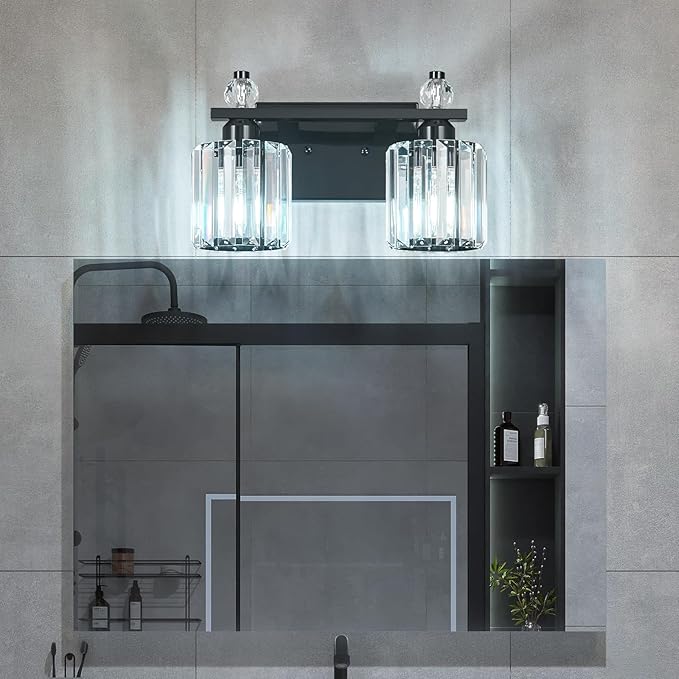 Bathroom Vanity Lights 2-Light Plating Black Modern Crystal Vanity Light Fixtures Over Mirror Crystal Bathroom Vanity Lighting Fixtures
