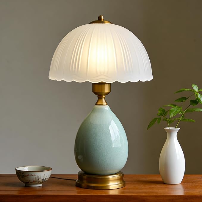 Table Lamps Ceramic Retro Lamp for Living Room,16" Modern Bedside Nightstand Traditional Lamps, Classic Chinoiserie Green Glass Lamp for Home (French Country)