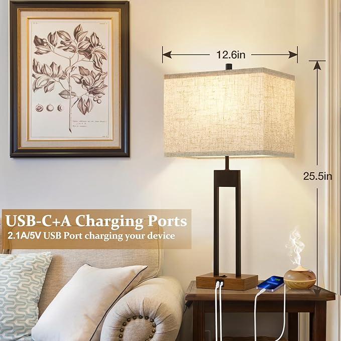 GyroVu 25.5'' Set of 2 Modern Bedroom Table Lamps with USB C+A Ports, 3 Color Changeable, Brown Night Stand Lamps for Bedside, Guest Room, Office, Reading