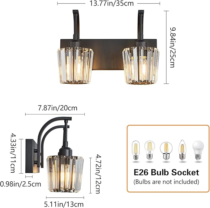 Modern Bathroom Vanity Light, 2-Light Black Wall Sconce with Crystal Accents, Over Mirror Bathroom Lighting Fixture, 13.77" Long Dimmable Vanity Lamp for Makeup, Easy Installation
