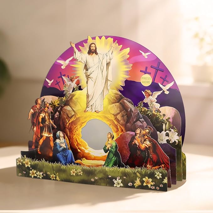 FaCraft Musical Easter Cards Religious, He is Risen Jesus Resurrection 5-Layer Pop Up Card with Light & Music, with Envelope, Plays Hallelujah for Sympathy Baptism Confirmation Get Well Encouragement