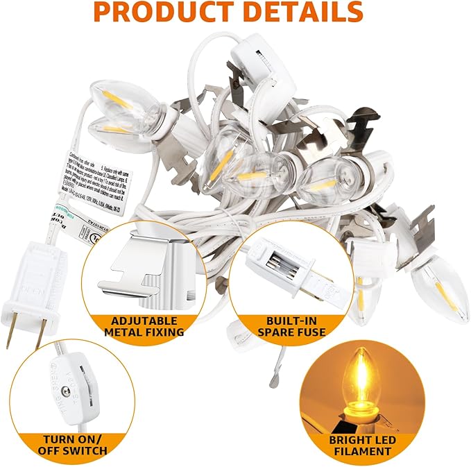 Christmas Village Lights with 12 Led Light Bulb,C7 Cord Clip Lights for Christmas Village Cottages,Pumpkins,Outdoor Atmosphere Decoration.for Blow molds