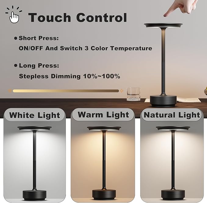 Cordless Table Lamp, LED Rechargeable Table Light with 3 Temp Settings, Stepless Dimming, 5000mAh Battery, USB-C, Memory, Aluminum Alloy, for Home, Patio, Restaurant, Outdoor. Black