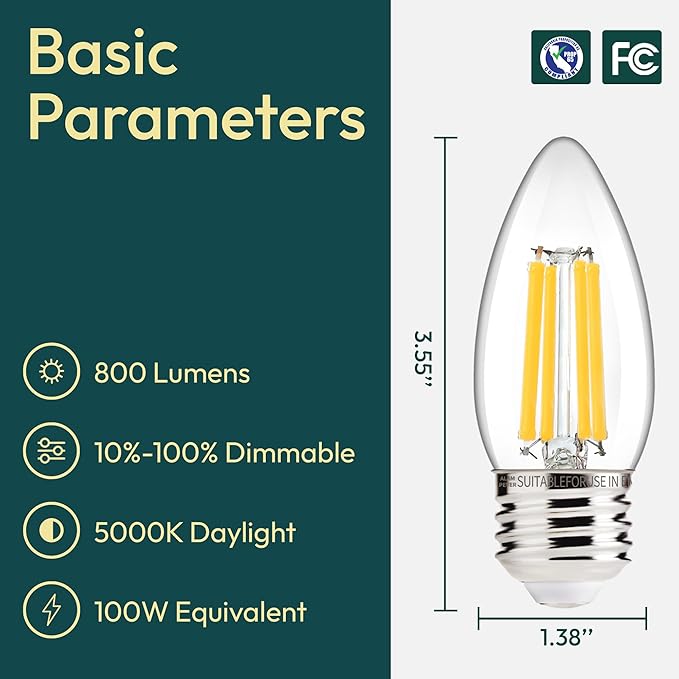 ALAMPEVER 800LM Super Bright Dimmable LED Light Bulb, E26 LED Bulb 100 Watt Equivalent, B11 5000K Daylight White LED Candelabra Bulb, 5.5W, 6 Pack