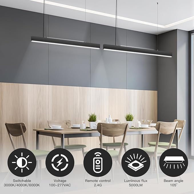 2.4G Remote Series LED Linear Light Fixture with Remote, 4FT 43W Downlight and 7W Uplight, 3000K-6000K Color Changing, Dimmable Pendant Light for Home Office, Black, 4 Pack