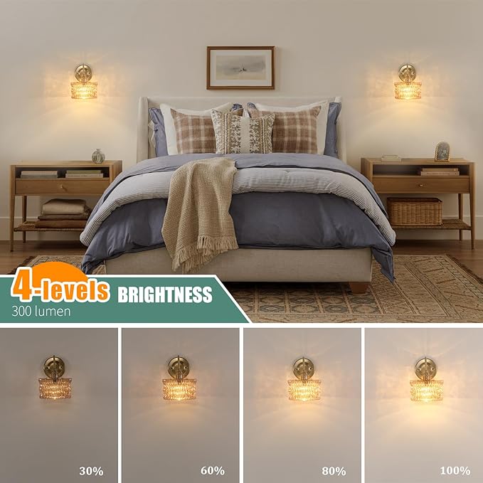 Battery Operated Wall Sconce Set of 2, Vintage Rechargeable Wall Lights with Amber Ripple Glass Shade, Wireless Indoor Wall Lamp with Remote for Bedroom Living Room Bathroom