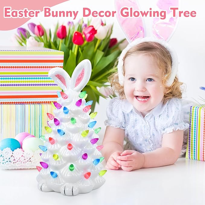 Light up Easter Bunny Decor Glowing Tree, Cute Ceramic Tree Bunny Decorations for The Home Indoor Bedroom Office Decor Tabletop, Easter Night Light for Kids Gifts (White)