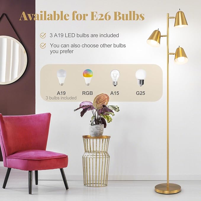 Tangkula 3-Light Floor Lamp, 64" Mid Century Modern 3 Light Tree, Standing Tall Pole Lamp with 3 A19 LED Bulbs and Adjustable Heads, 3 E26 Base, Reading Light for Living Room & Bedroom (Golden)