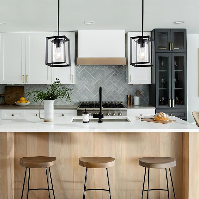 2 Pack Farmhouse Black Kitchen Island Pendant Light Fixtures,Height Adjustable Metal Rod Hanging Modern Pendant Lighting with Metal Cage and Clear Glass Shade for Entryway Bedroom