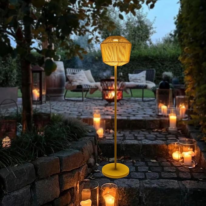 Outdoor Solar Floor Lamp, Large Natural Rattan Lantern with Metal Pole and Base, Waterproof Lamp for Patio Yard Garden Wedding Home Decoration