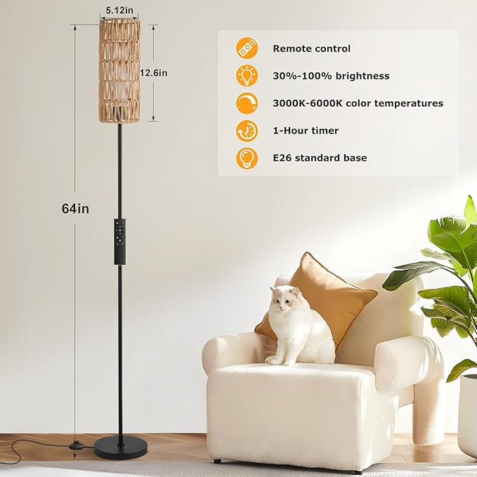 Ambimall 64'' Floor Lamps for Living Room with Remote Control and Stepless Dimmable Colors Temperature & Brightness, Boho Black Standing Lamp with Beige Rattan Shade