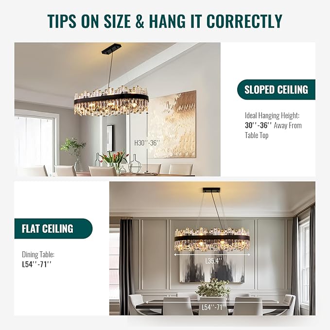 Siljoy Modern Crystal Chandelier Luxury Black 2-Tiers Raindrop Chandelier Adjustable Oval K9 Crystal Ceiling Light Fixture for Dining Room Kitchen Island Bar L35.4'' x W15.7'' x H9.8'', E12 x 16