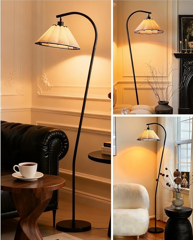 Floor Lamp with Pleated Linen Lampshade, Modern Flower Floor Lamp for Living Room Arc Standing Lamp, Gold Tall Lamp for Bedroom Office Dining Room, Bulb Included (Black + Black, 66.1IN)