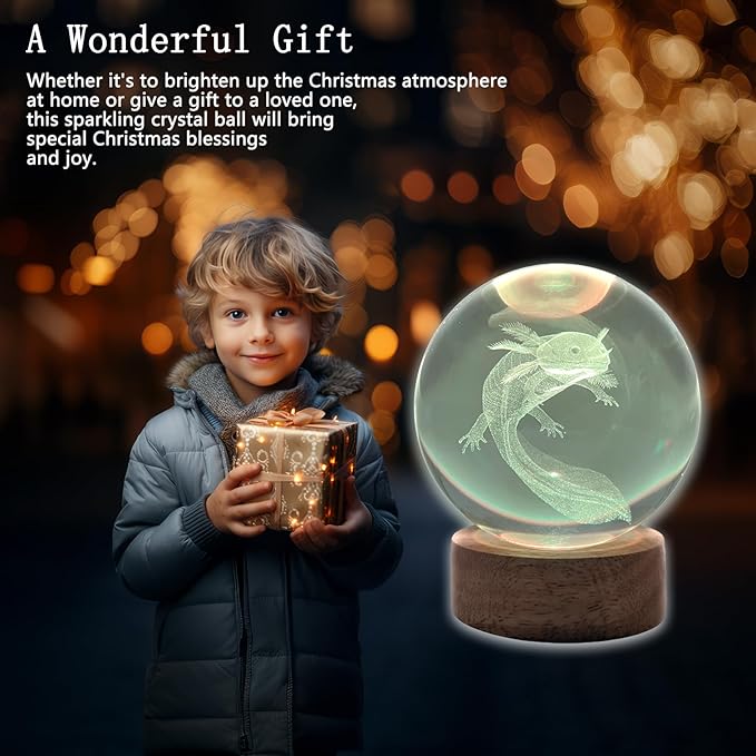 3D Axolotl Crystal Ball 3.15" with LED Lamp Colorful Wooden Base Night Light with Removable Glow Ball Color Changing Light with Remote as a crystal ball for Boy Friends (5-Axolotl, 3.15" (Inch))