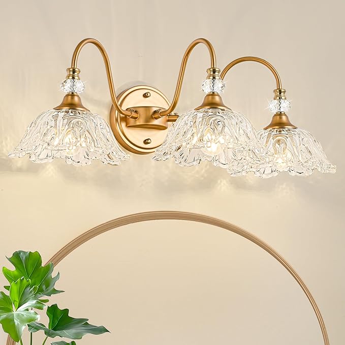 Vintage Bathroom Vanity Light, 3-Light Matte Brass Finish Vanity Light with Floral Clear Glass Shades, Retro Wall Sconce for Bathroom, Dressing Table