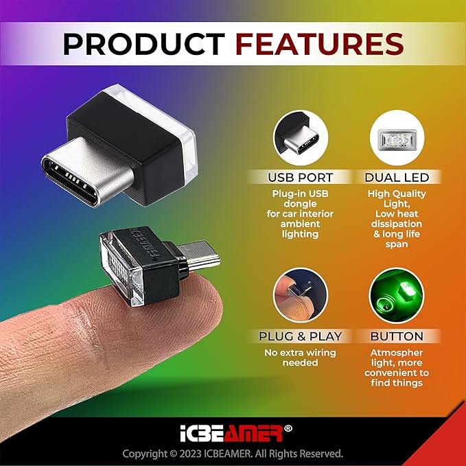 ICBEAMER Type C Adapters Atmosphere Light 1-Pack (Green) | Universal Plug-in Miniature LED Night Light for Car Interior and Trunk Ambient Lighting, Easy Installation, Energy Efficient