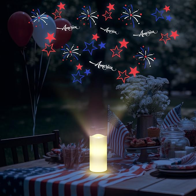 4th of July Flameless Candle Patriotic Projector Light USA 250th Anniversary Decoration LED Candle Battery Operated Night Light with Remote Timer Independence Day Memorial Red White Blue Table Decor