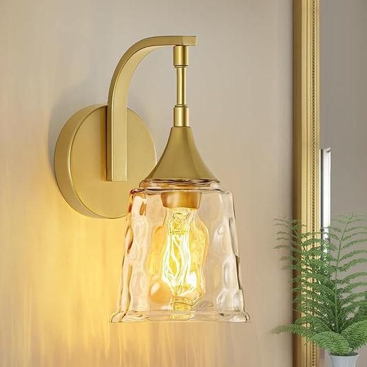 Gold Wall Sconce for Bathroom,1-Light Hardwired Wall Light Fixture with Water Ripple Glass Shade, Vintage Brass Sconce Lights for Bedroom Hallway Entryway