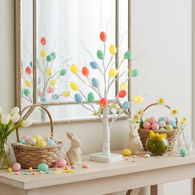 PEIDUO Easter Decorations, 22 inch Easter Tree with 24 LED Warm White, Battery Powered Egg Tree for Spring Home Table Decor