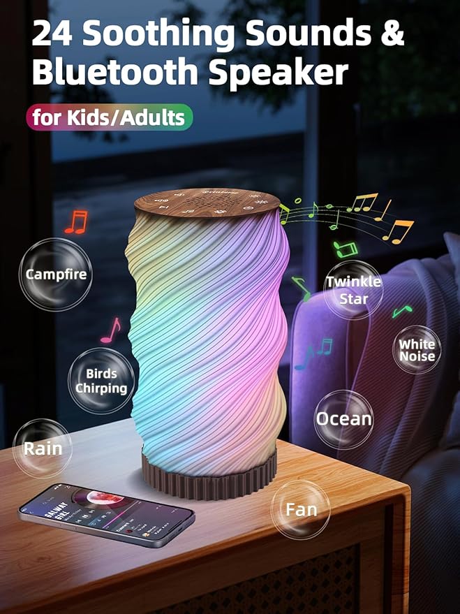 Sound Machine with Night Light, White Noise Sound Machine Mood Lamp for Adult Relaxation - 24 Soothing Sounds, Bluetooth Speaker, Touch Control, Timer, Adjustable Volume & Brightness for Bedroom