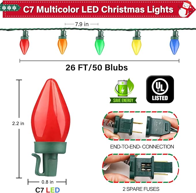 50LED C7 Christmas LED String Lights, 26Ft C7 Vintage Christmas Lights C7 Colorful Light Bulbs C7 Christma String Lights Plug in for Indoor Outdoor Party Backyard Wedding Christmas Decor