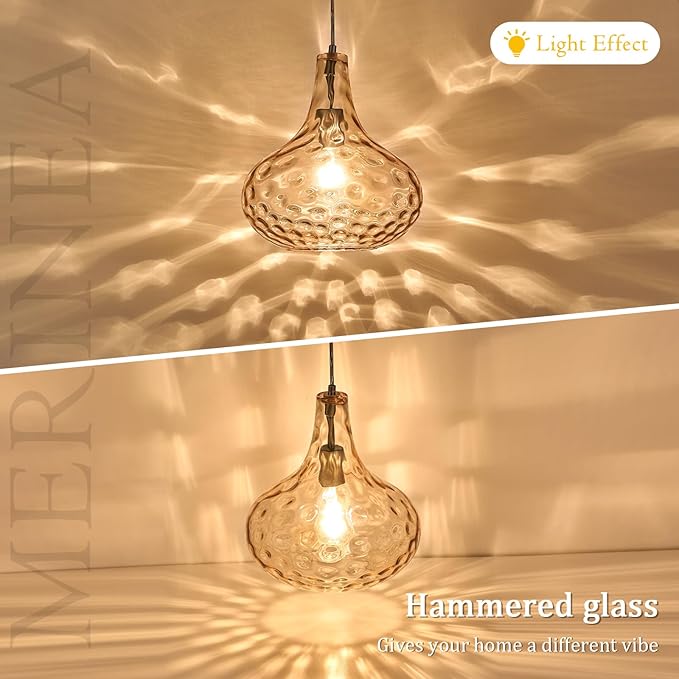 11" Amber Hammered Glass Pendant Light – Brushed Nickel Finish, Adjustable Hanging Cord, Modern Farmhouse Ceiling Light for Kitchen Island, Dining Room, Hallway