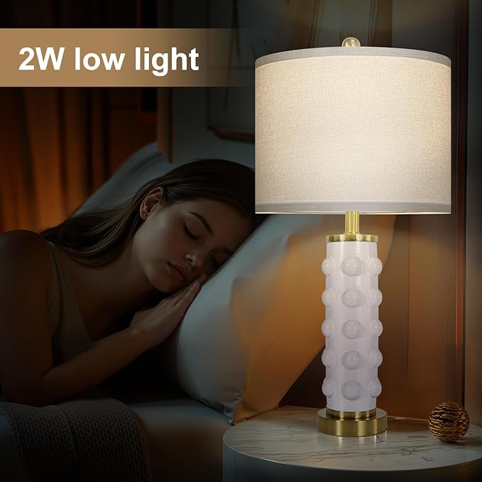 23.5" Modern Ceramic Table Lamp Set of 2 for Living Room, White Desk Lamps for Bedroom Nightstand, Farmhouse Lamps with 3-Way Dimmable Bulb, Linen Shade, Bedroom Living Room (Bulb Included)