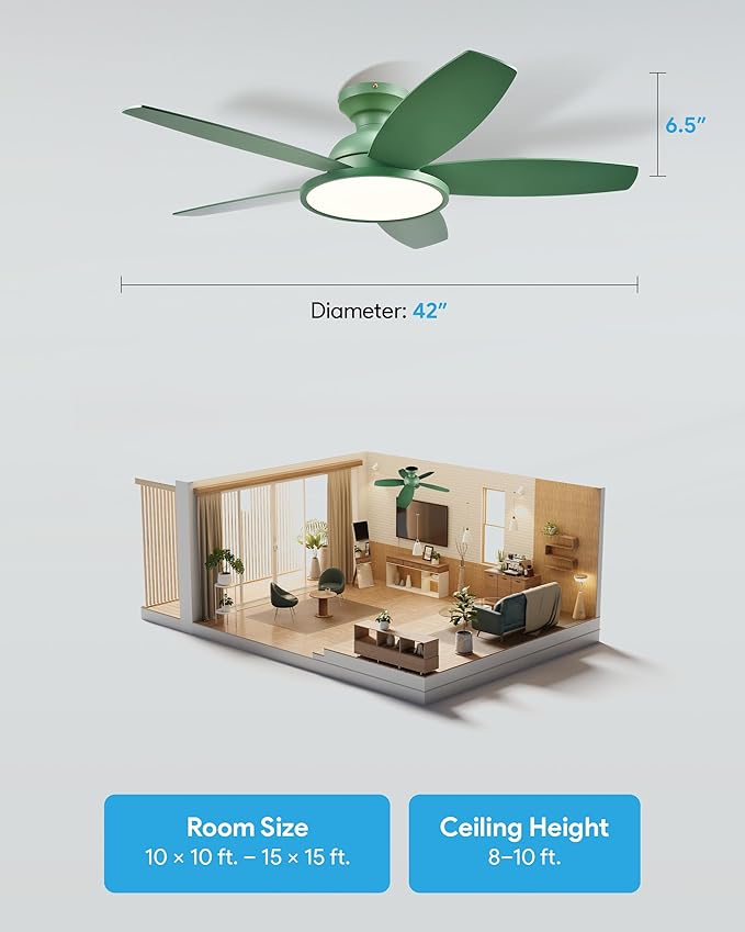 VONLUCE Ceiling Fans with Lights, 42 Inch Ceiling Fan and Remote, Full-spectrum LED Light, 3CCT, 6-Speeds Noiseless Reversible DC Motor, Modern Flush Mount Ceiling Fan for Farmhouse Bedroom Indoor